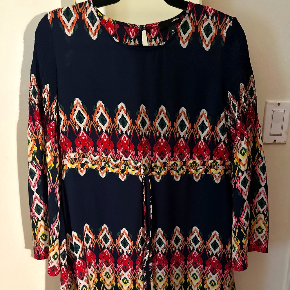 Aqua Long Sleeve Geometric Tie Dress